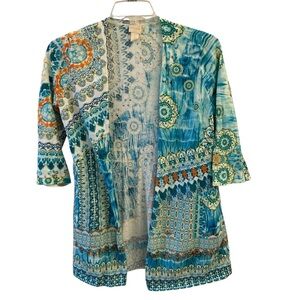 Chico's Aqua Blue Bohemian Multicolor Open-Front Cardigan Size Medium